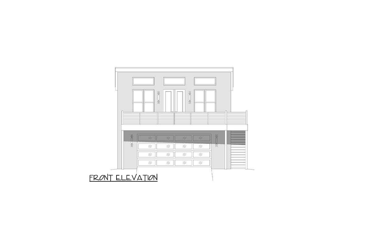 Front elevation drawing of a two-story house plan with a balcony, three-car garage, and modern roofline.