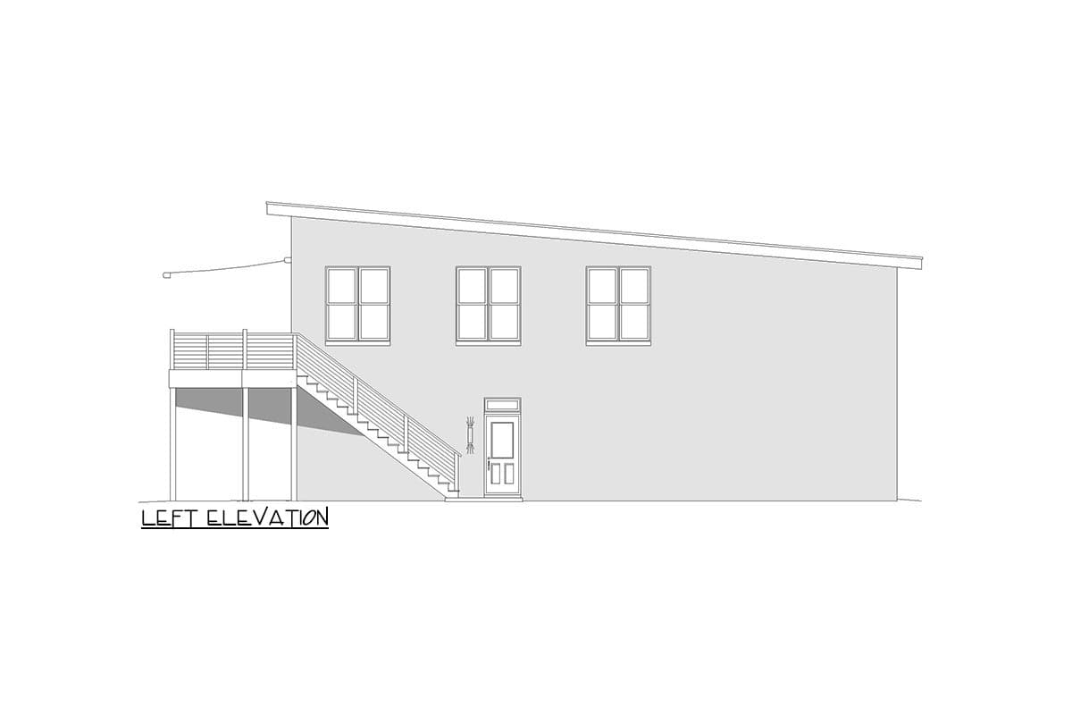Left elevation of a house plan showing a single-story structure with a sloped roof, side deck, exterior stairs, and three windows.