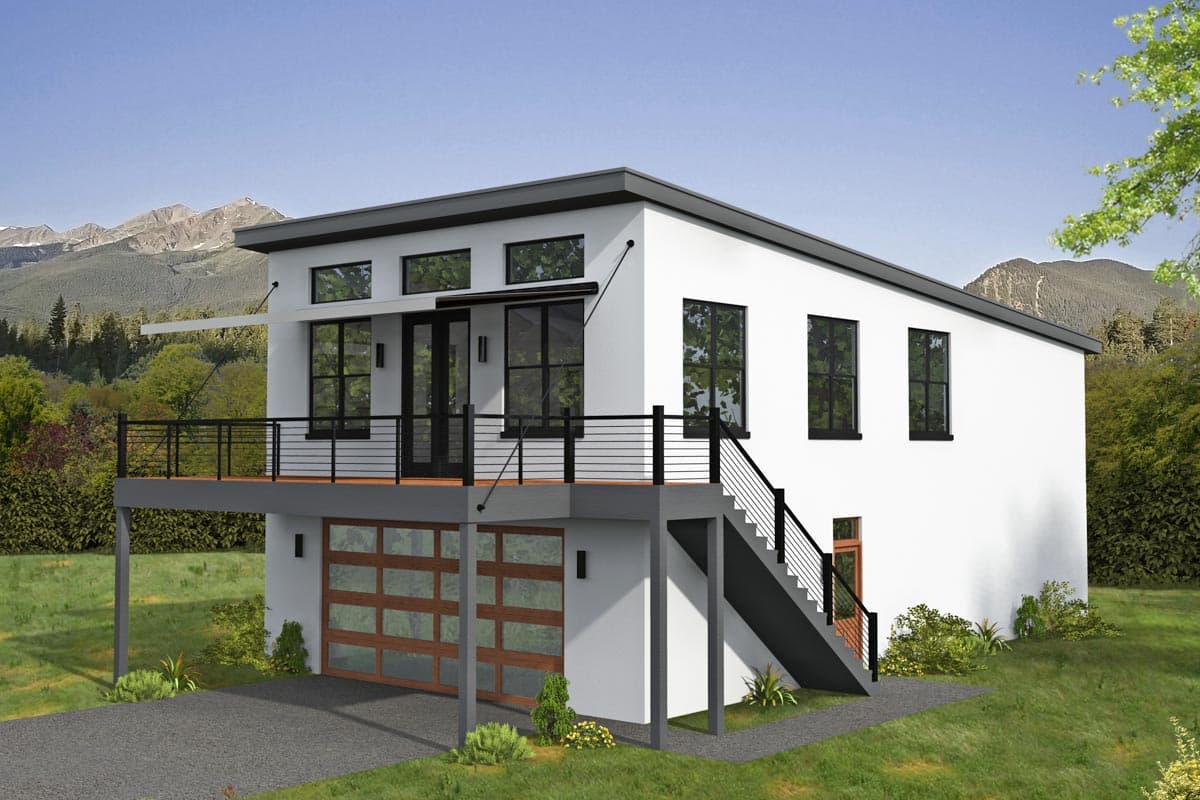 Modern house plan exterior with two stories. Features include a flat roof, cantilevered balcony, and a glass-paneled garage door.