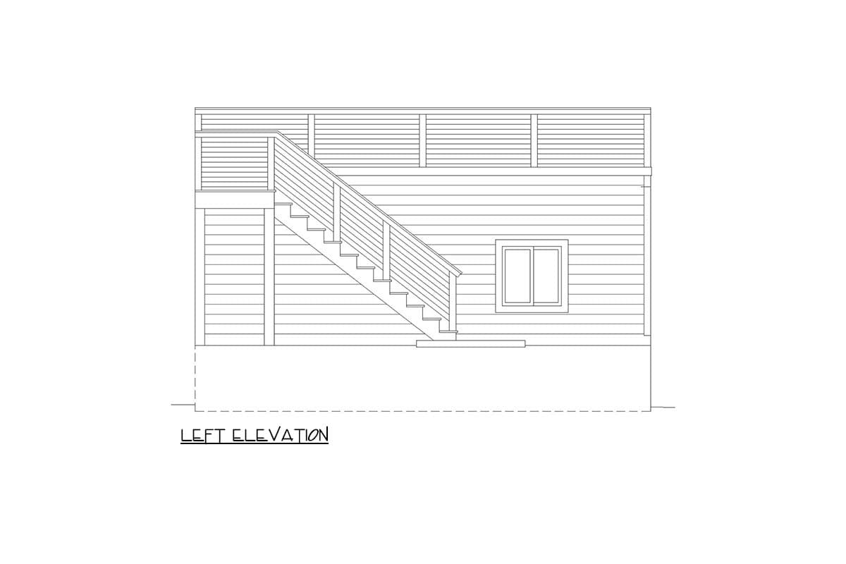Left elevation drawing of a house, showing exterior siding, a staircase, railings, and a window.
