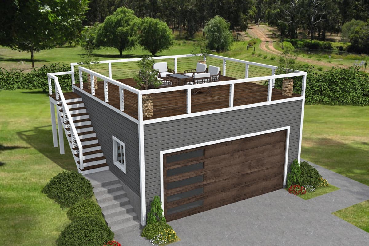 House plan exterior. Two-story structure with a rooftop deck, attached garage, and stairway access. Features a wood-paneled garage door.