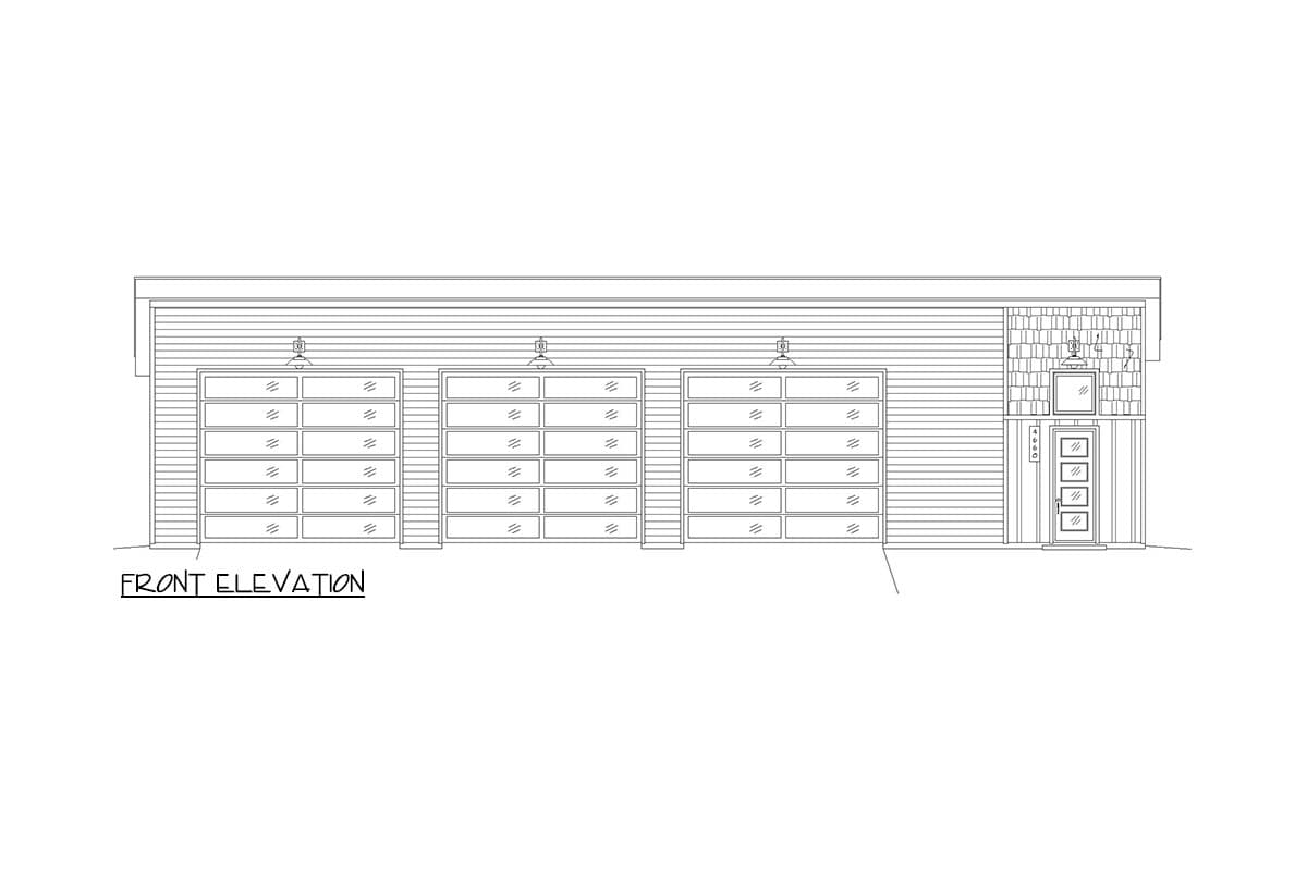 Front elevation drawing of a house plan showing three garage doors and a single entry door with a modern design.