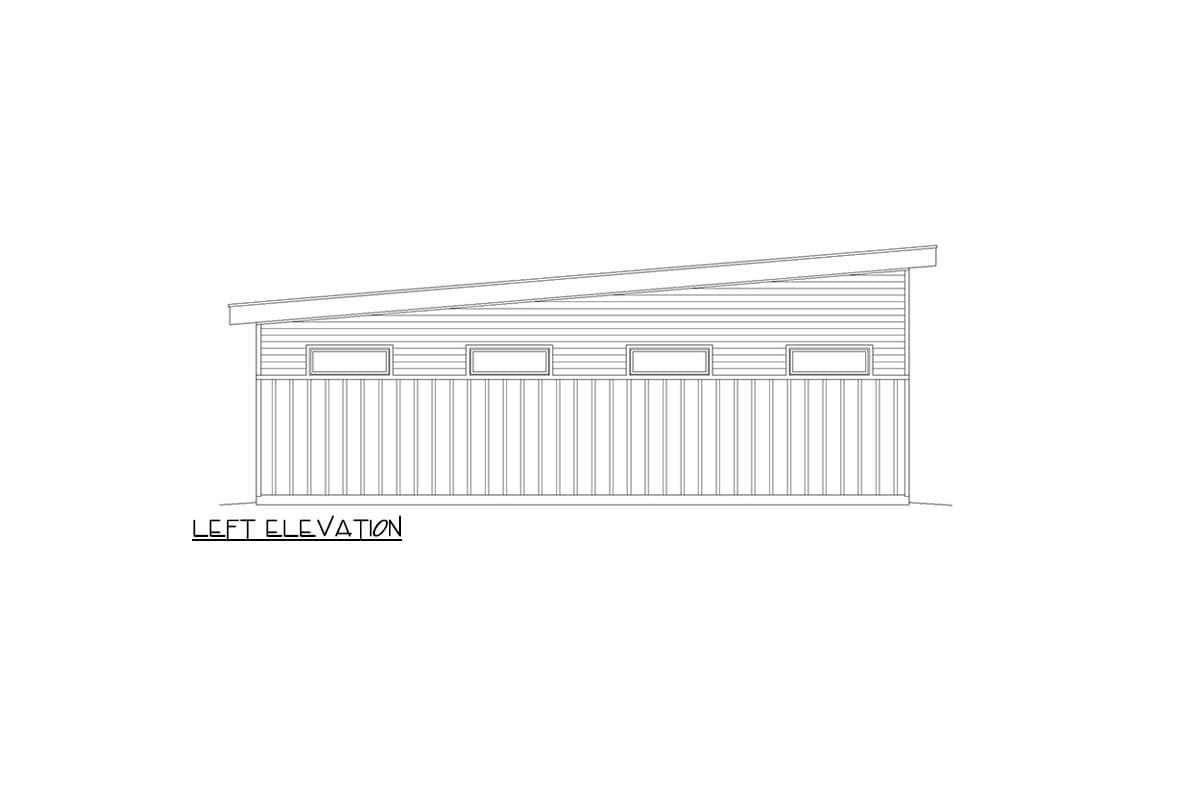 Left elevation drawing of a house plan with a single-story structure, horizontal siding, and a sloped roof.