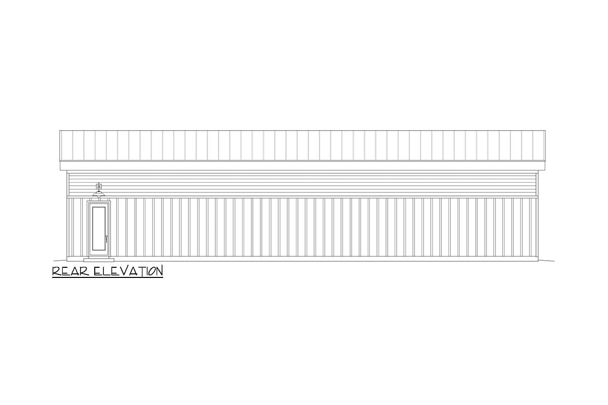 Rear elevation drawing showing a single door with a light fixture above and horizontal siding.