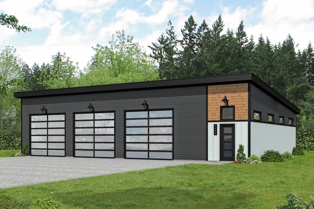 House plan exterior with a modern design featuring a flat roof, three glass garage doors, and cedar shake accents on a single-story structure.