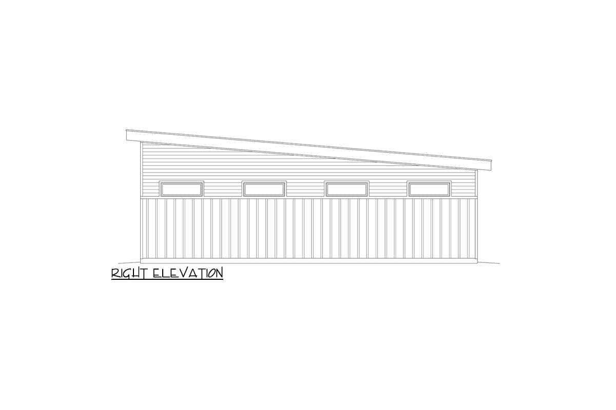 Right elevation drawing of a single-story house with a sloped roof, horizontal siding above vertical siding, and four rectangular windows.