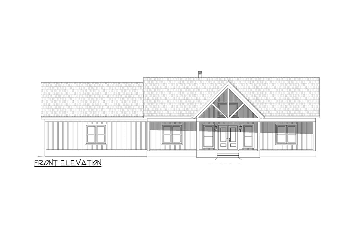 Front elevation drawing of a single-story house with a gabled entry porch, double front doors, and vertical siding.