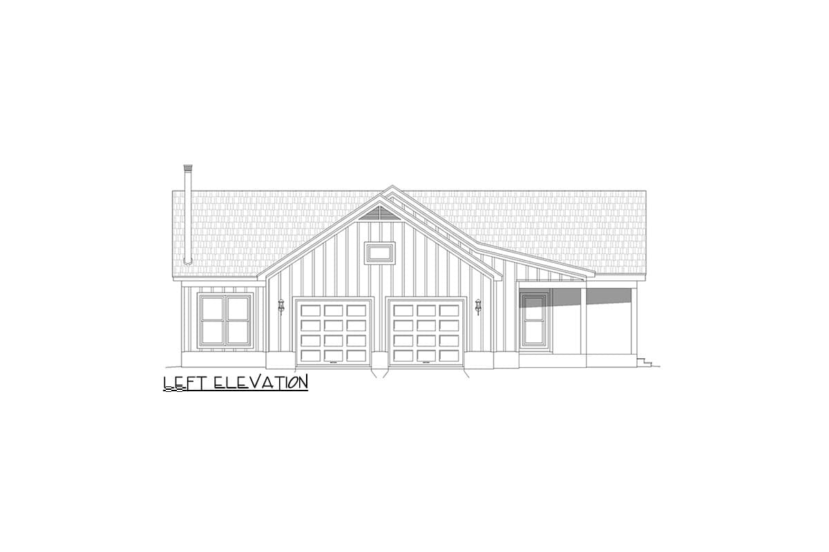 Left elevation drawing of a single-story house with a gable roof, two garage doors, and a covered porch.