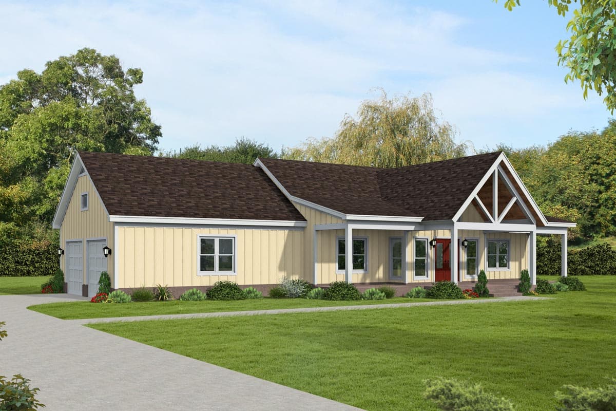 House plan exterior featuring a one-story, Craftsman-style home with a front porch, gables, and attached garage.