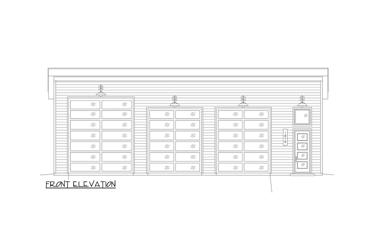 Front elevation drawing of a garage with three glass panel garage doors, a single door, and two windows.