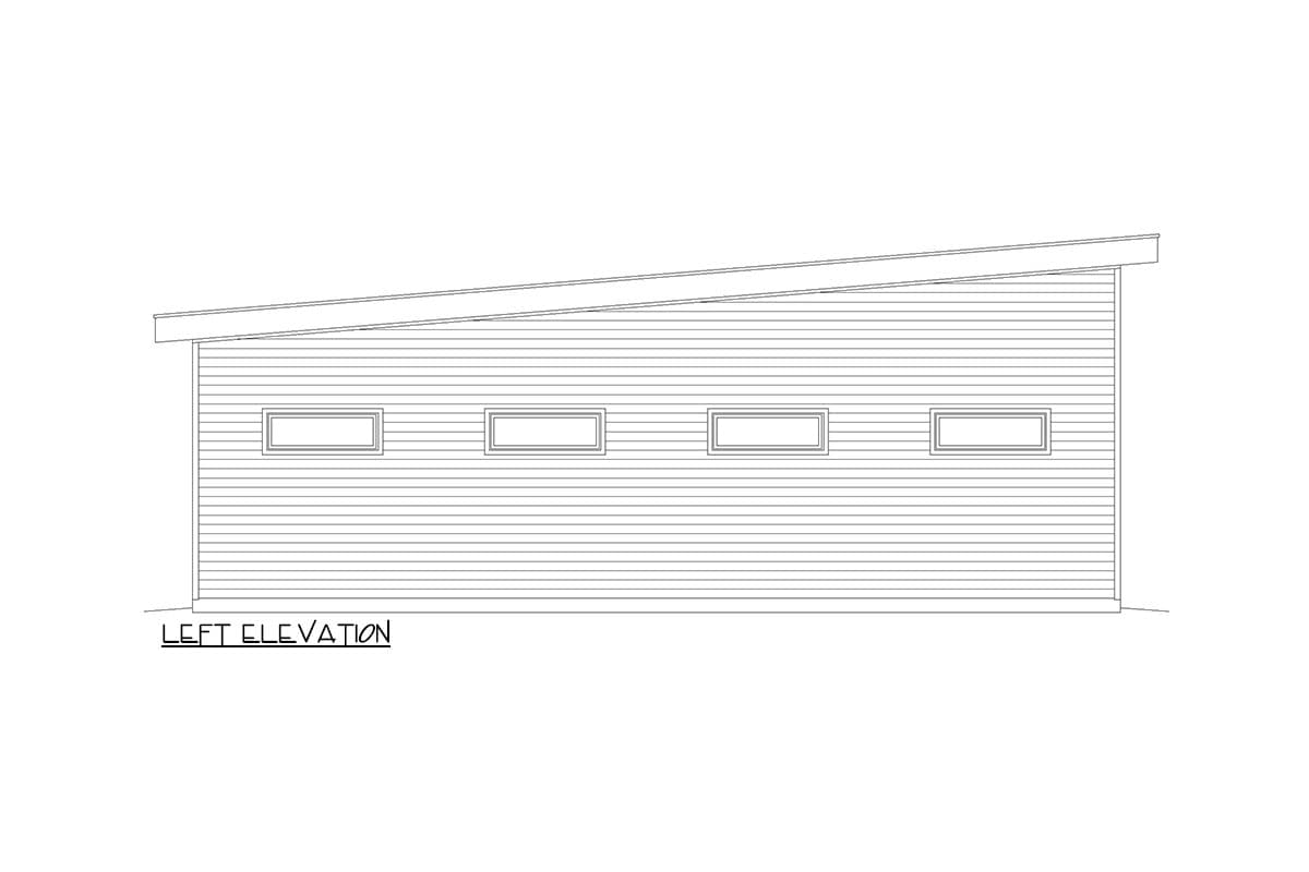 Left elevation drawing of a house plan showing a sloped roofline and four horizontal windows.