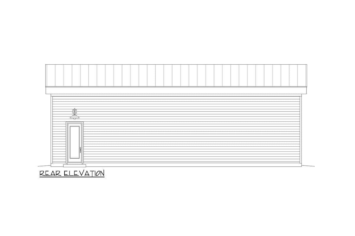 Rear elevation drawing of a house with horizontal siding, a single door, and a standing seam metal roof.