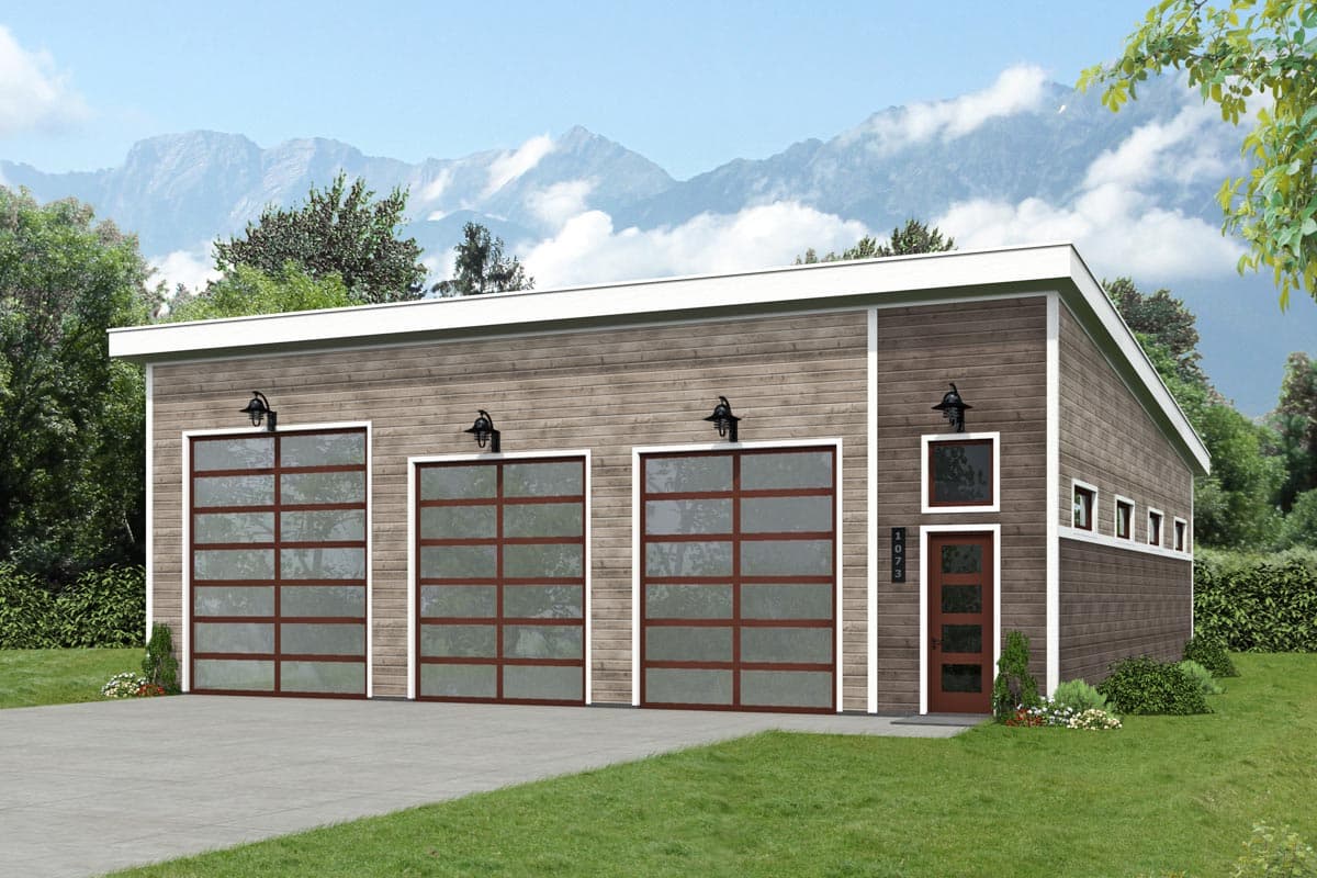 House plan exterior with three-car garage. Modern design with flat roof, glass garage doors, and siding. Entry door with sidelight.
