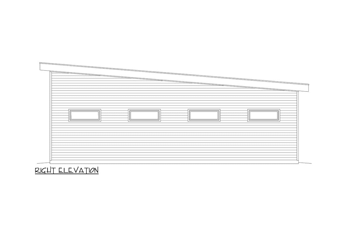 Right elevation house plan drawing shows a single-story structure with horizontal siding and a sloped roof, featuring four narrow windows.