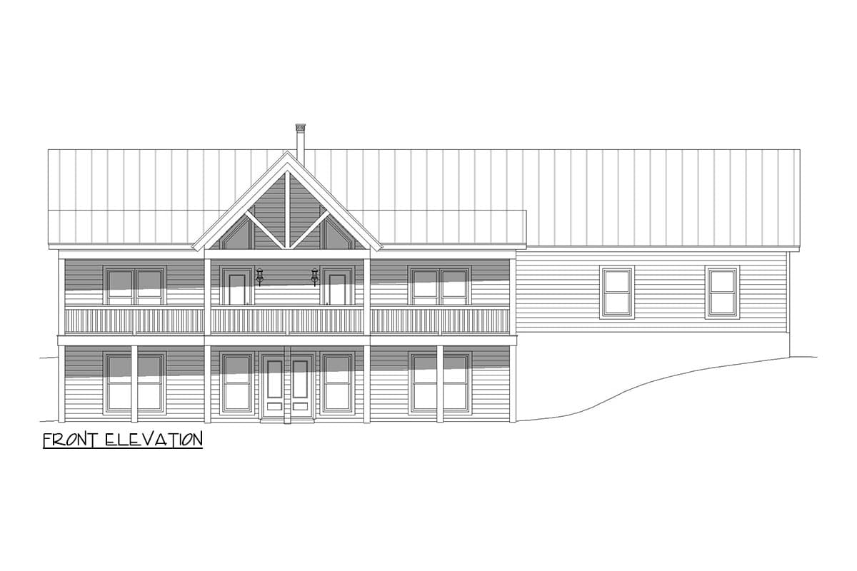 Front elevation drawing of a two-story house plan with a prominent gable, double front doors, and wrap-around porches.