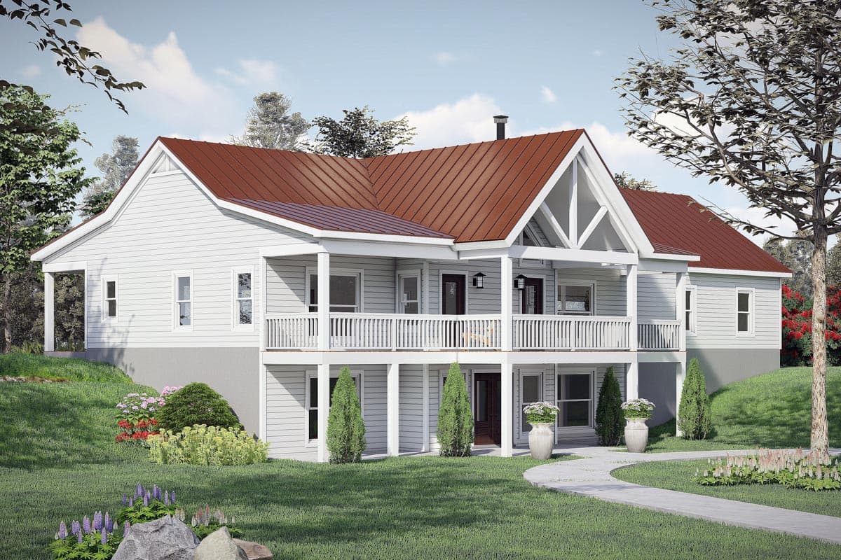 House plan exterior with two stories, a wrap-around porch, gabled roof, and decorative gable end. Features a standing seam metal roof.