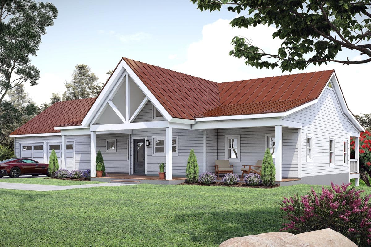 House plan exterior: single-story Modern Farmhouse with metal roof, prominent gables, covered porch, and attached two-car garage.
