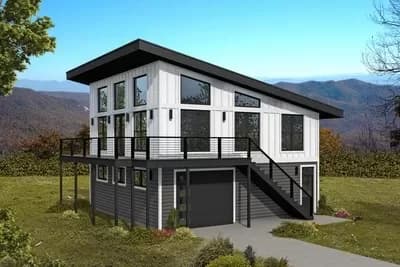 Modern 2-Story House Plan Under 900 Square Feet with 2-Car Drive-Under Parking