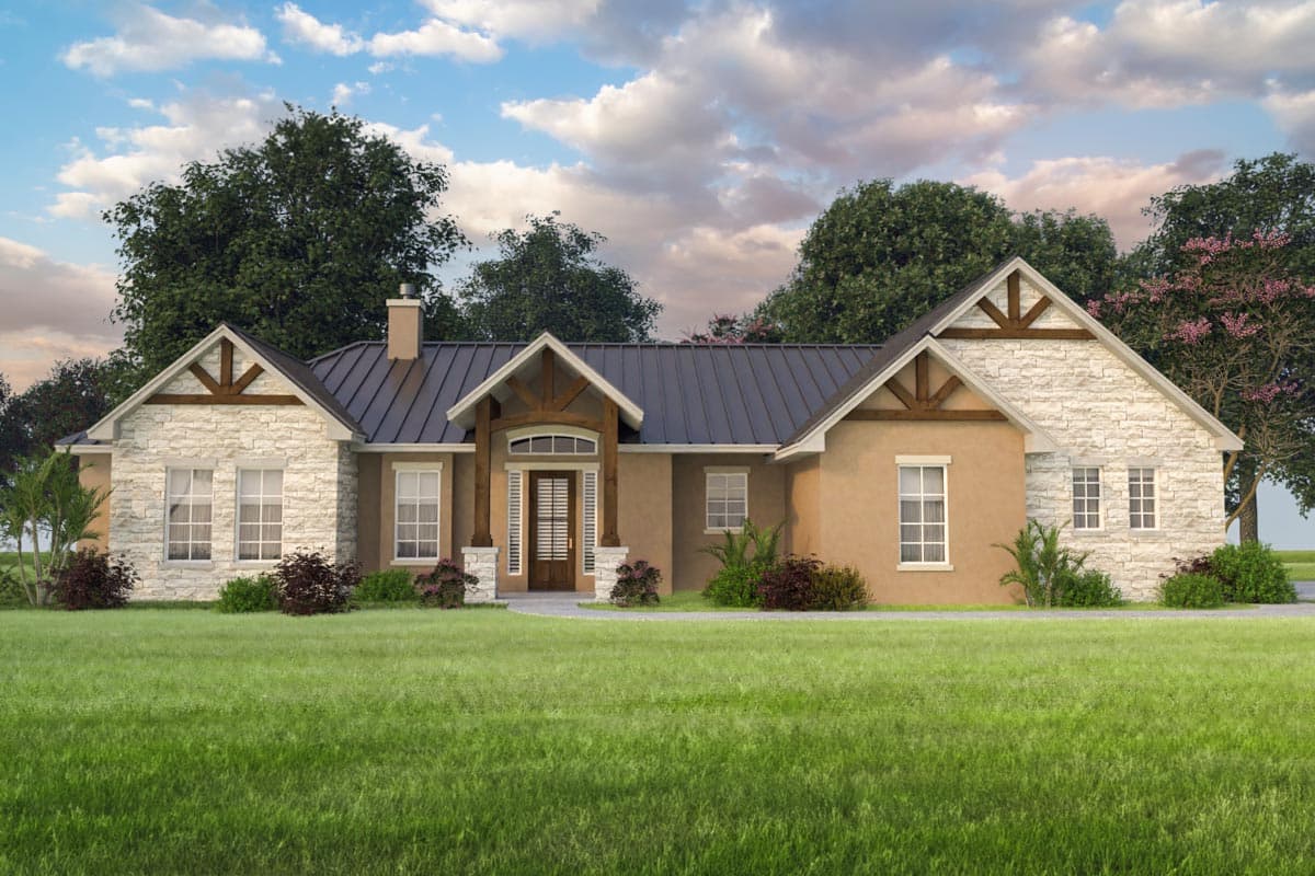 House plan exterior with stone and stucco facade, a dark metal roof, and exposed timber detailing. Features include gables and a covered entry porch.