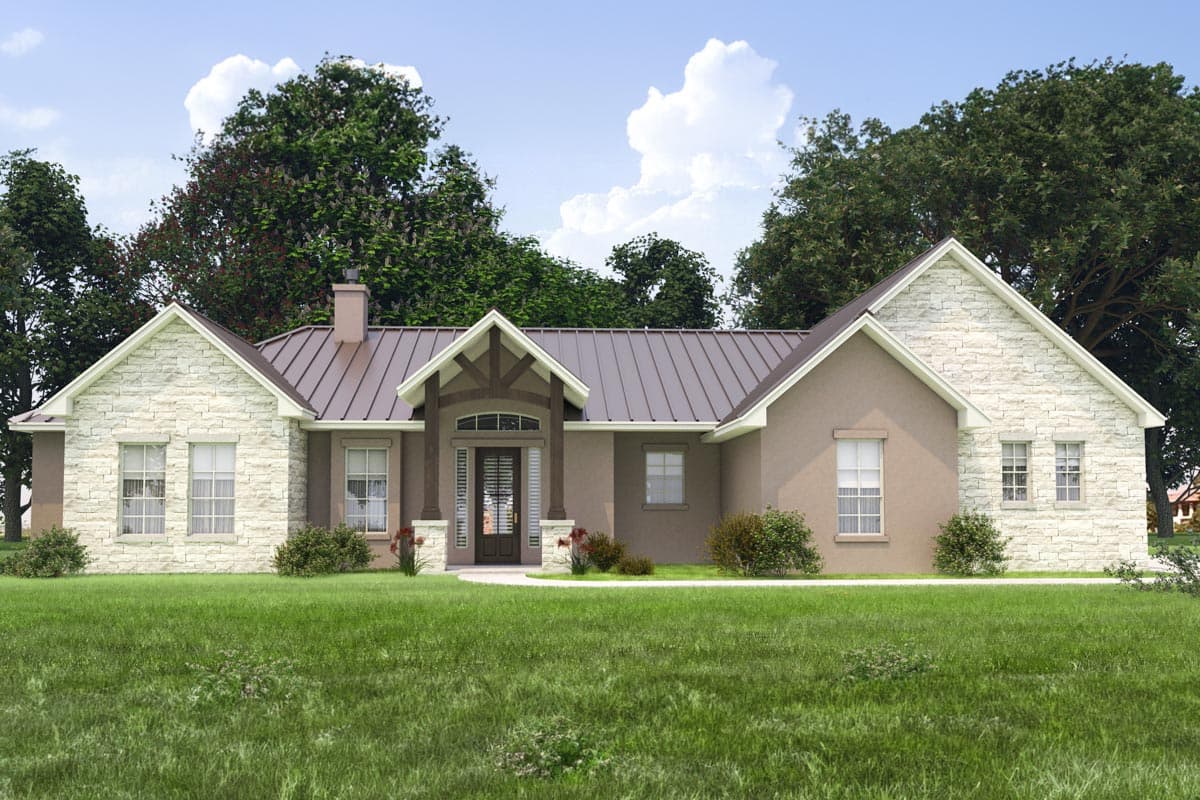 House plan exterior of a one-story home with a metal roof, stone accents, covered entryway, and gabled dormers.