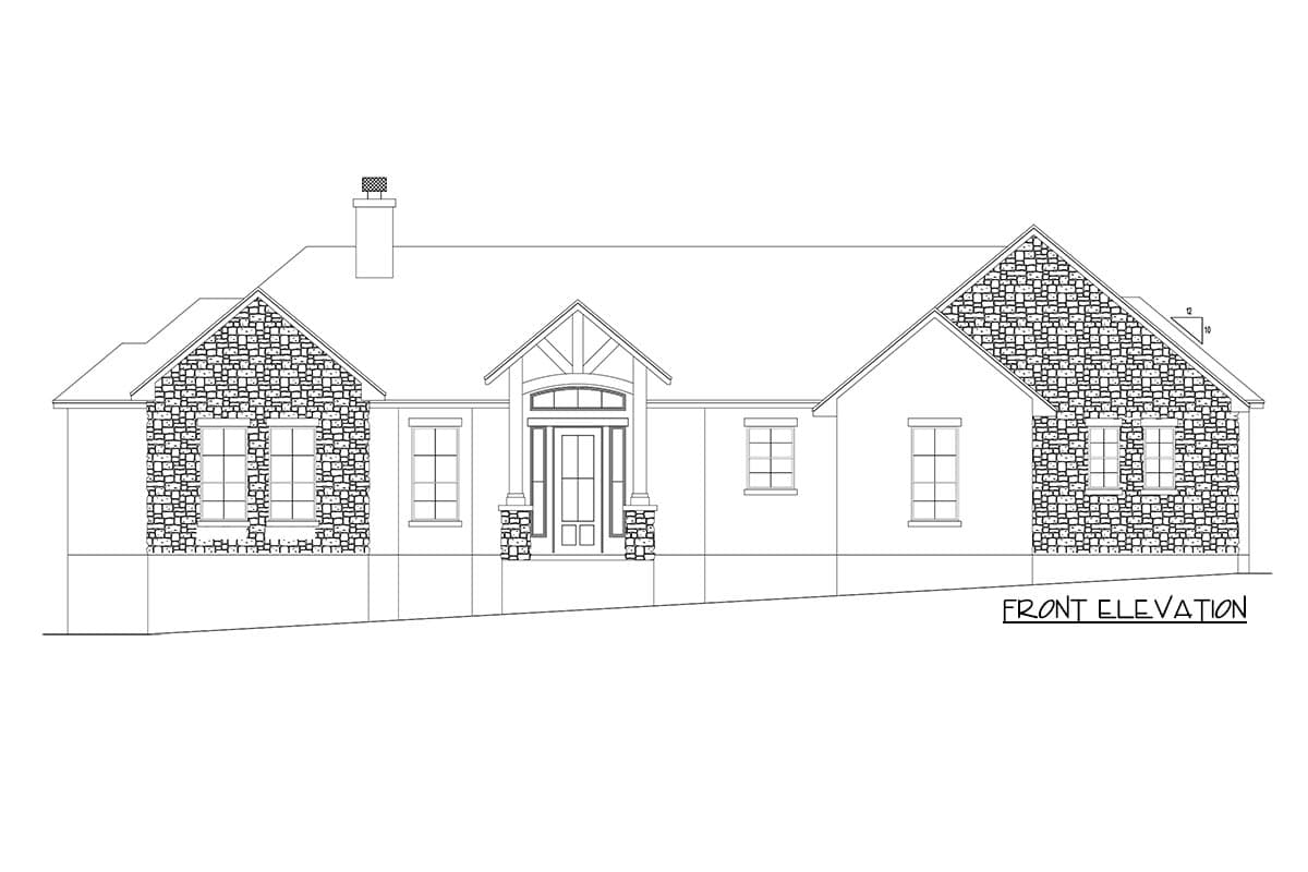 Front elevation drawing of a single-story house with stone accents, a prominent gabled entry, and multiple windows.