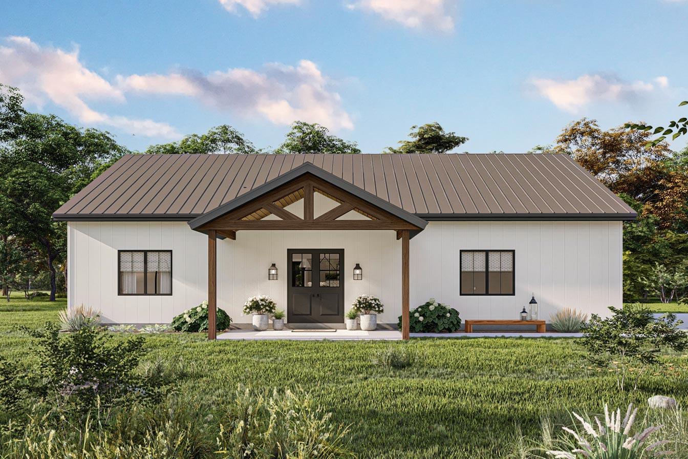House plan exterior with a single story, board and batten siding, and a covered porch. Features a gable roof and exposed wood porch supports.