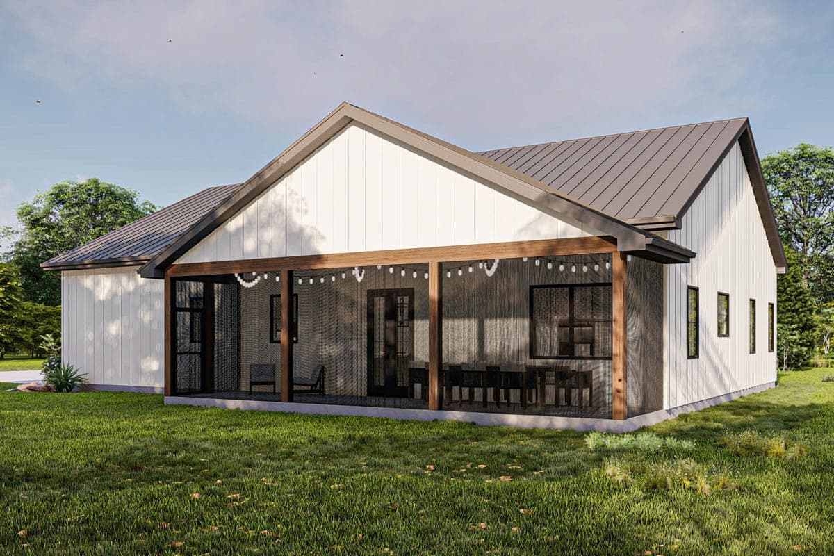 Modern Farmhouse house plan exterior with metal roof, white vertical siding, and a large screened porch with wood beams.
