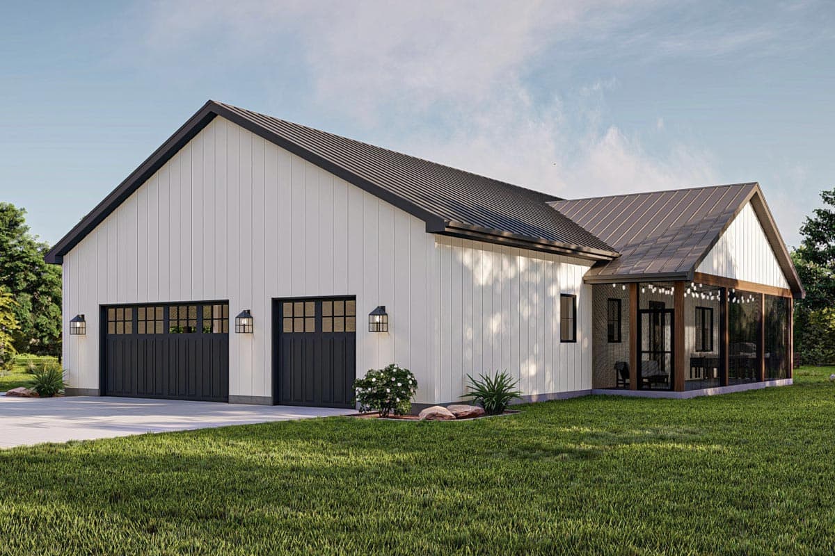 House plan exterior with board and batten siding, three garage doors, and a screened-in porch.