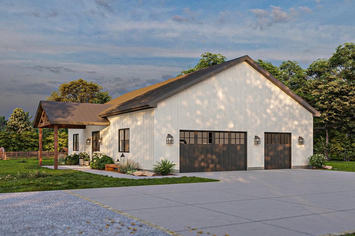 Modern Farmhouse style house plan exterior with vertical siding, a metal roof, covered entry porch, and a three-car garage.