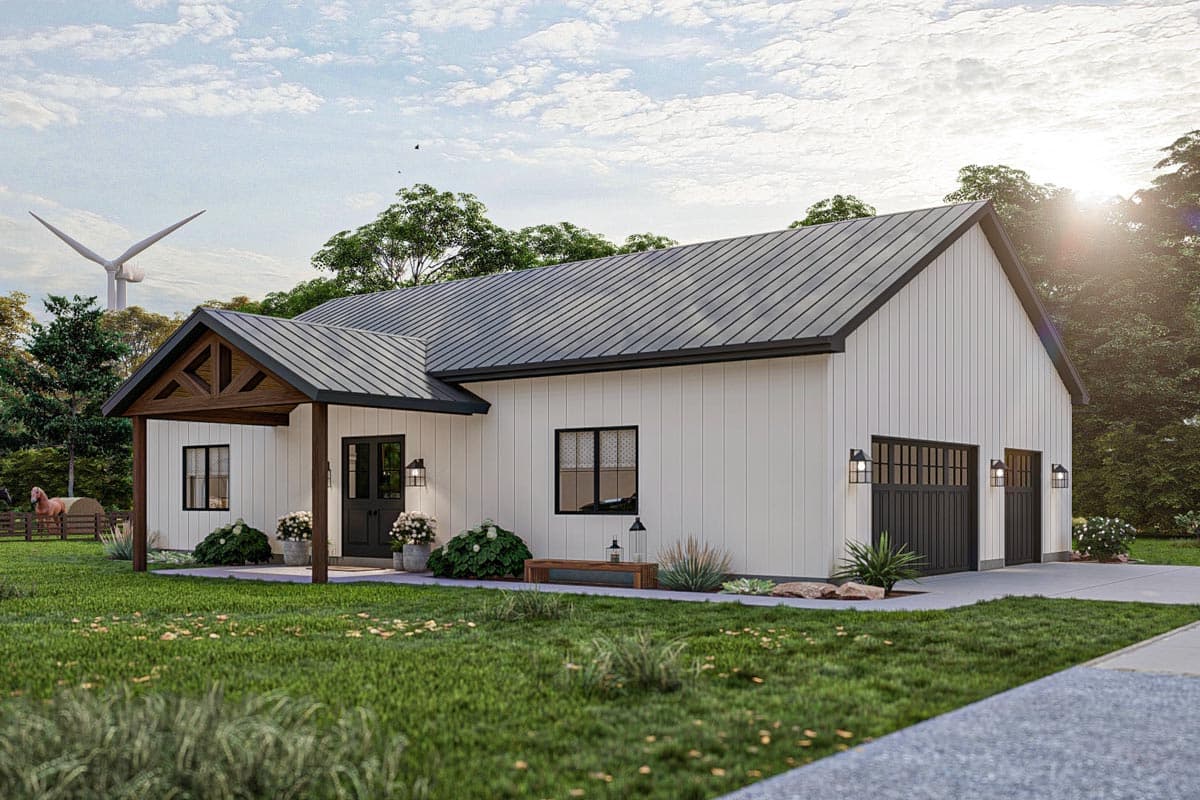 House plan exterior: Modern Farmhouse style, one story, with gable roof, exposed rafter tails on porch, and two-car garage.