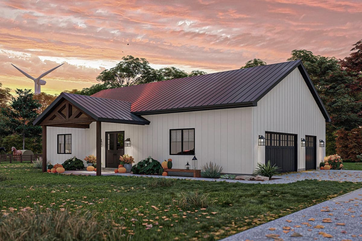 Modern Farmhouse house plan exterior, single story, with gable roof, covered porch with wood beams, and a three-car garage.