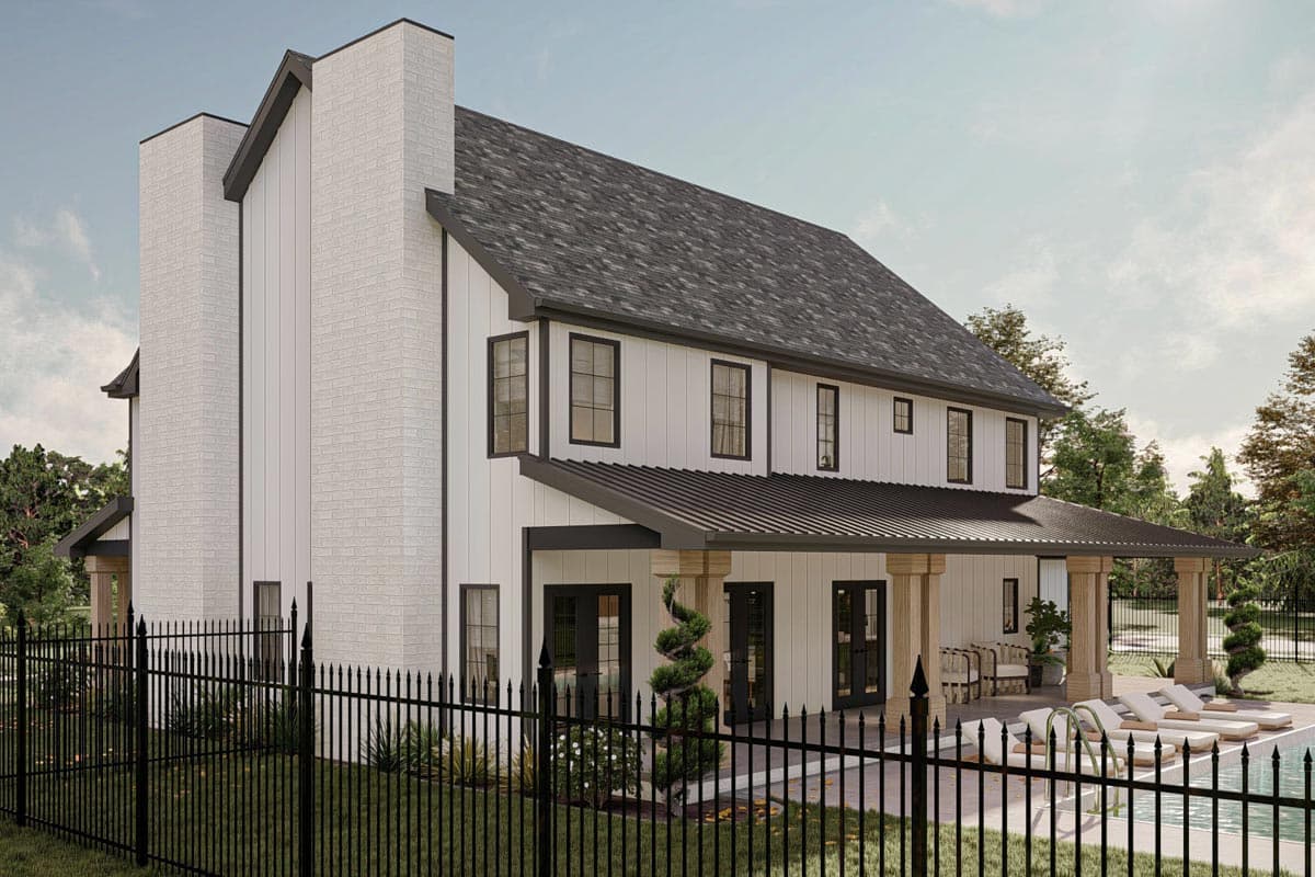 Modern Farmhouse house plan exterior with board and batten siding, a gable roof, two-story brick chimney, and a covered porch.