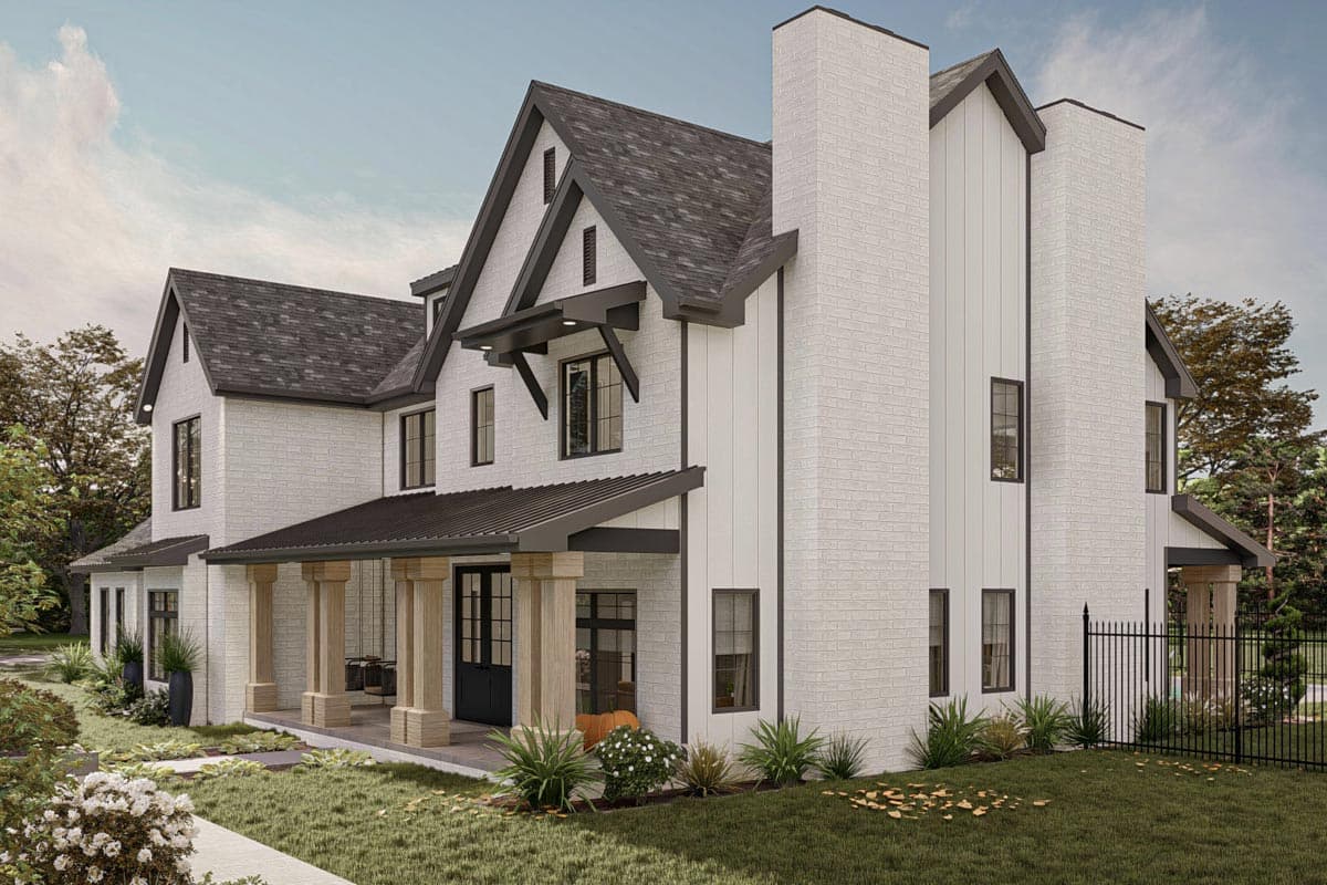 Modern Farmhouse house plan exterior, two stories, white brick, gabled roofs, covered porch with square columns, and large chimney.