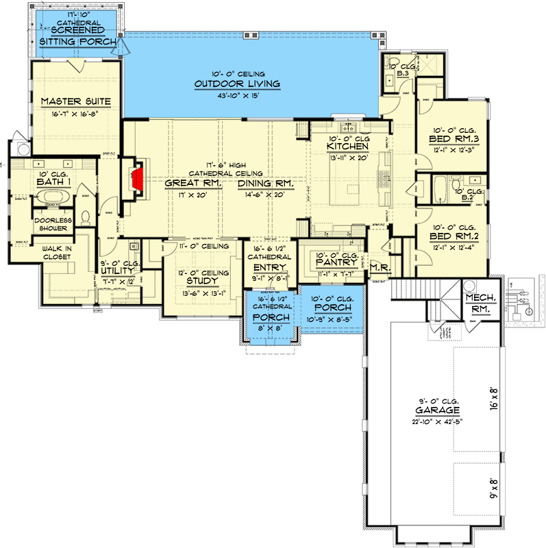 Plan 915059CHP: Hill Country House Plan Under 2900 Square Feet with 3-Car Garage - Floor Plan - Main Level - Hill Country, Transitional