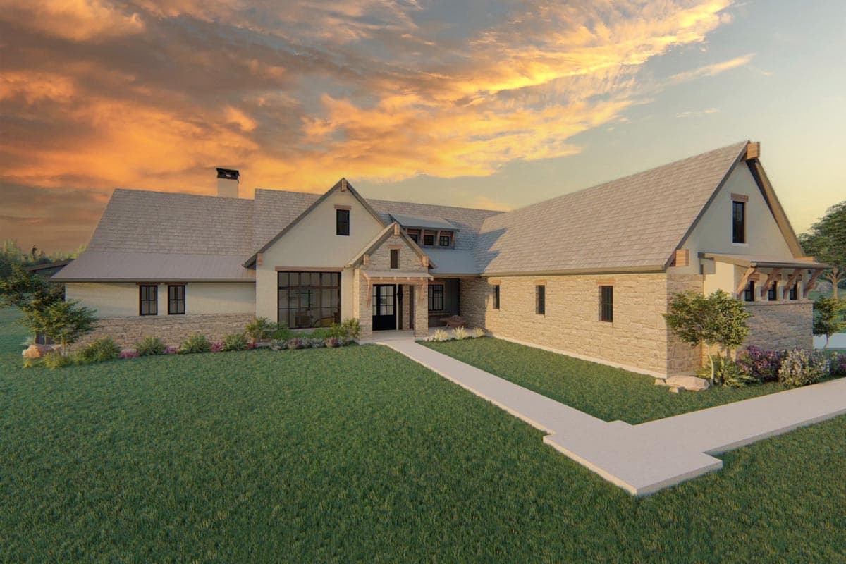 House plan exterior with stone and stucco facade, gabled rooflines, and a covered porch. Features multiple windows and dormers.
