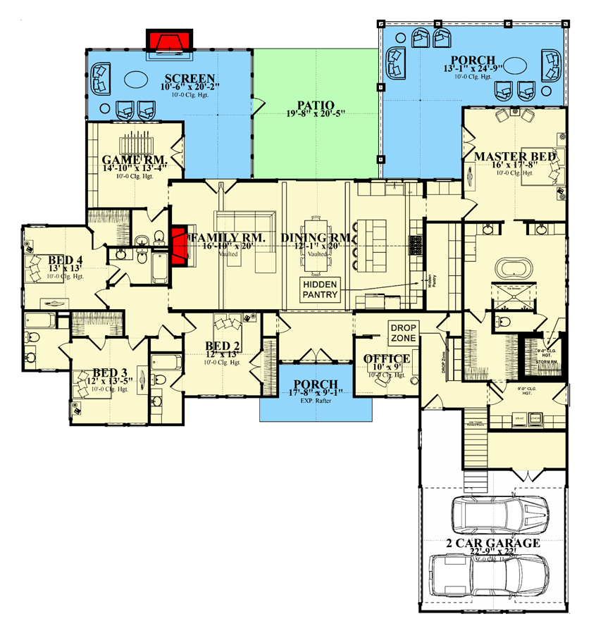 Plan 86398HH: Rustic Craftsman Home Plan Under 3300 Sq Ft with Game Room and Home Office and Bonus Room - Floor Plan - Main Level - Craftsman, New American, Northwest, Ranch, Rustic