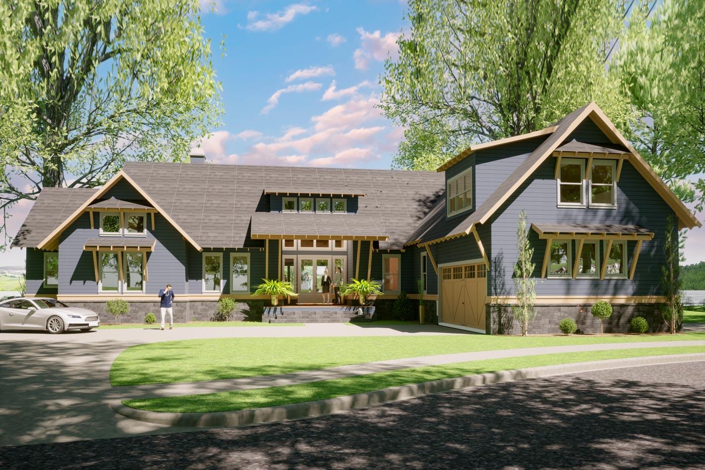 Craftsman house plan exterior. One-story home with multiple gables, shed dormers, and a detached garage. Features include a covered porch.