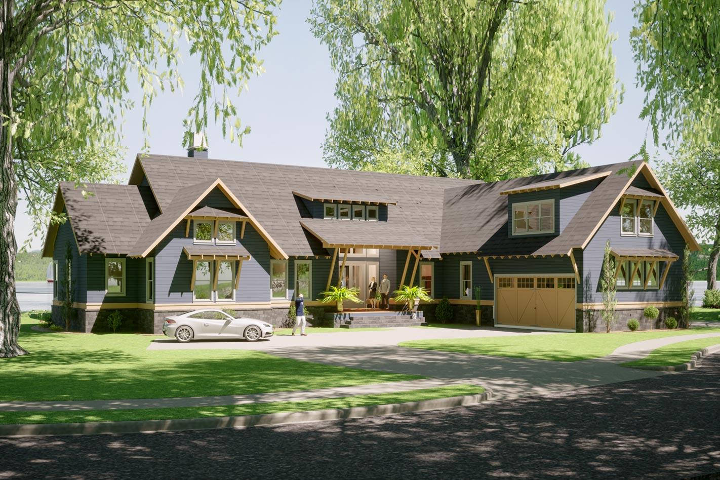 House plan exterior: Craftsman style, one story with prominent gables, covered entry, dormer windows, and attached garage.