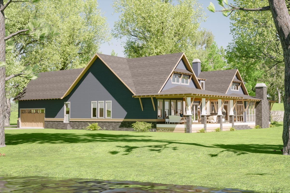 Craftsman style house plan exterior, 1.5 stories, with gabled dormers, a covered front porch, and attached garage.