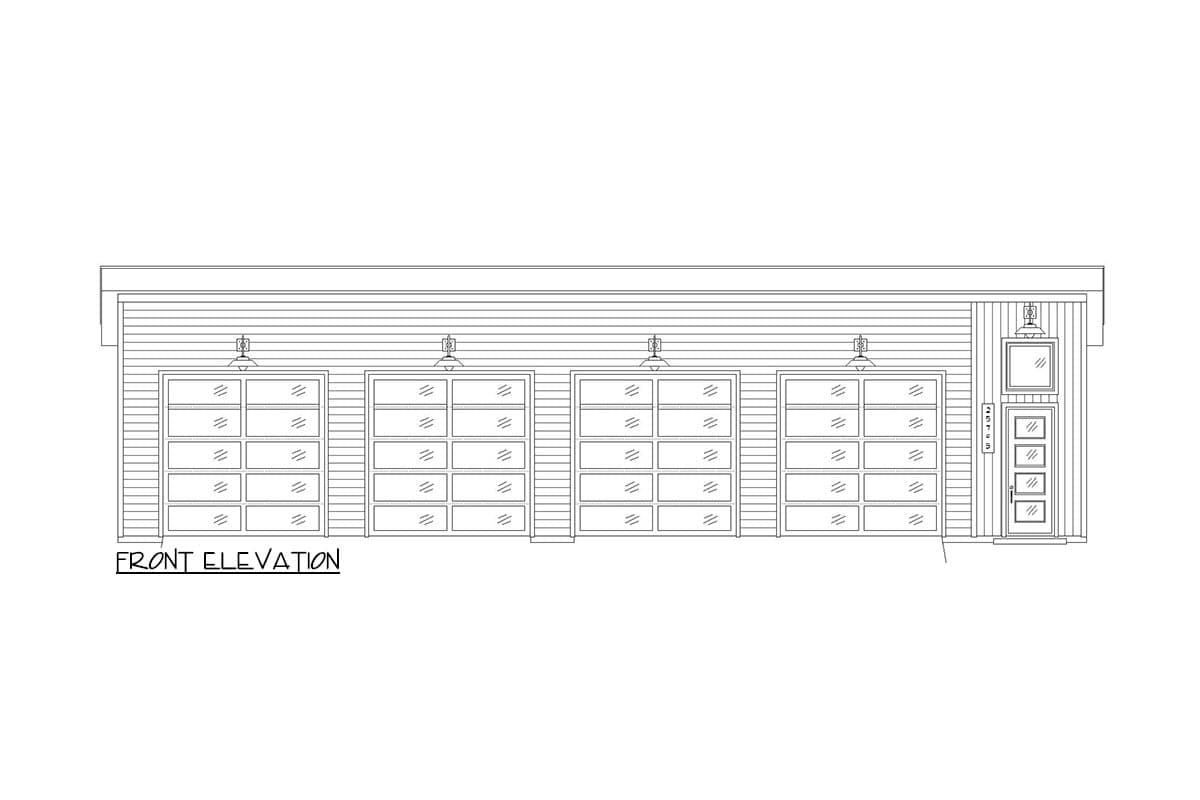 Front elevation drawing of a garage with four glass panel doors, horizontal siding, and a single pedestrian door.