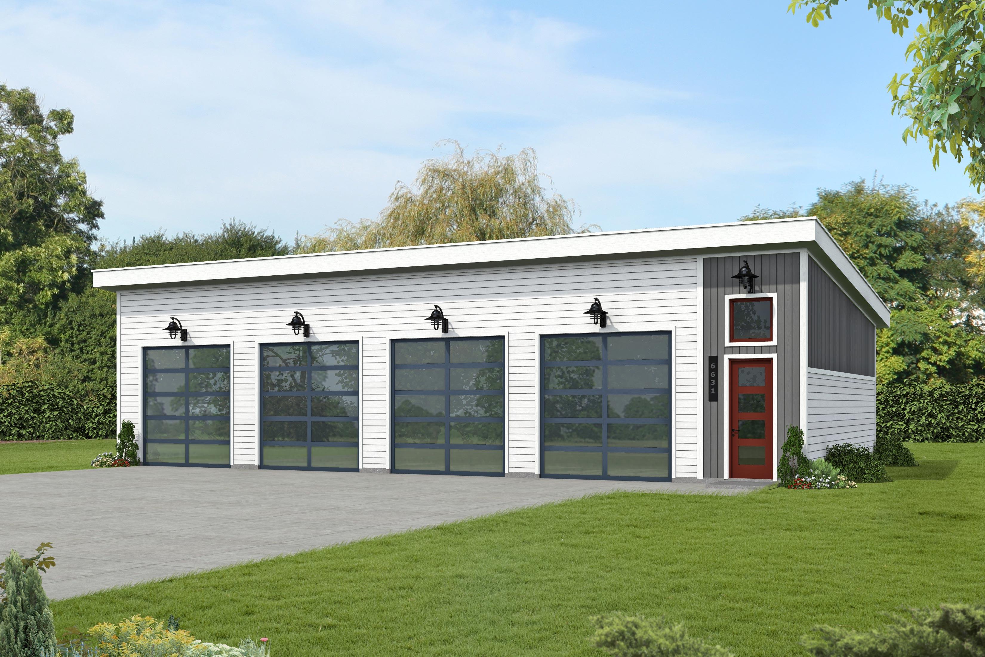 House plan exterior with a modern style. Features include four garage doors with glass panels, a flat roof, and a red entry door.