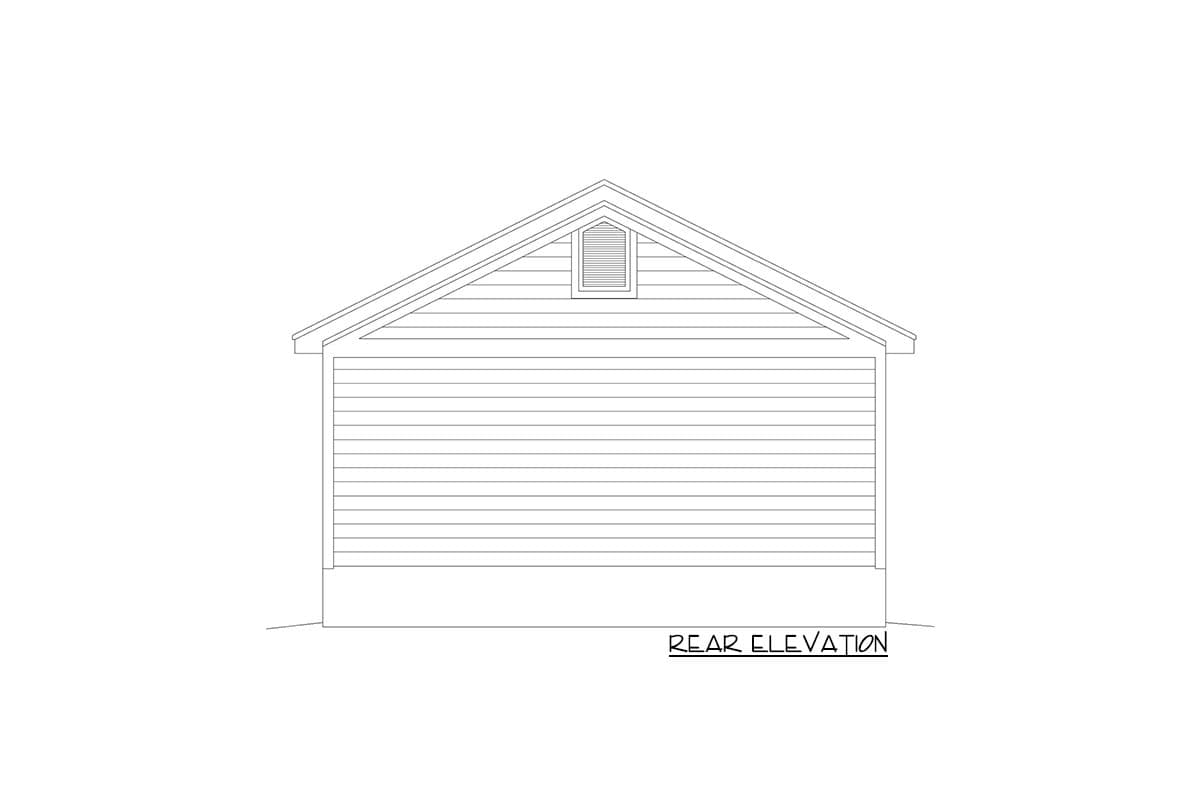 Rear elevation house plan with horizontal siding and a gable vent.