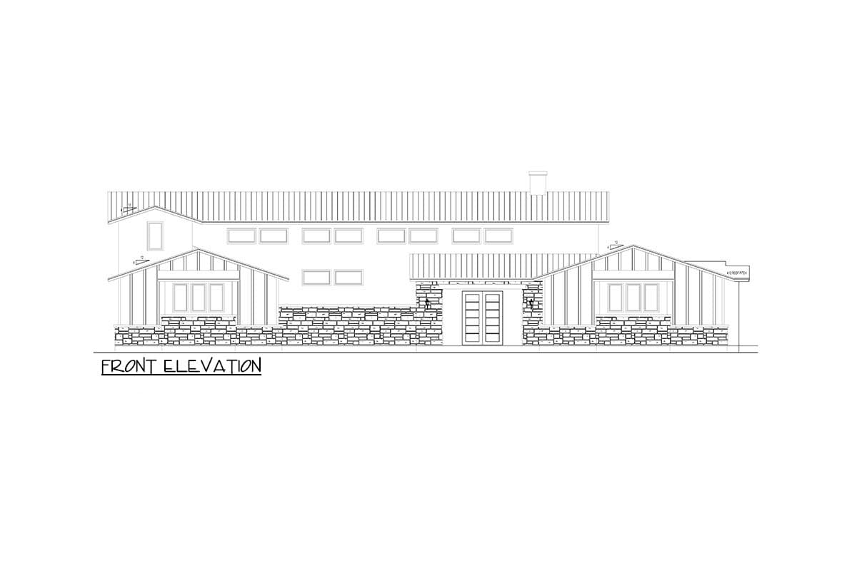 Front elevation drawing of a two-story house plan with stone accents, multiple gables, and a metal roof.