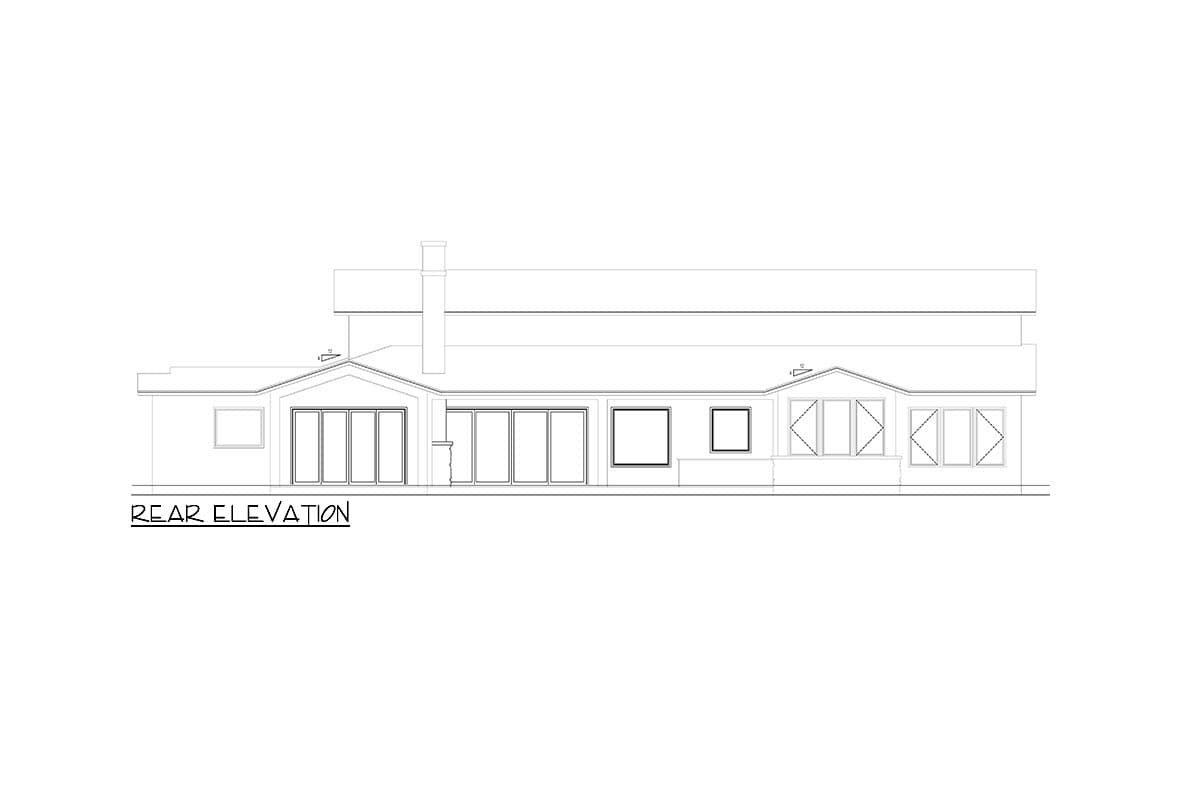 Rear elevation drawing of a house plan showing multiple glass doors, square windows, and a gabled central section with diamond-shaped windows.