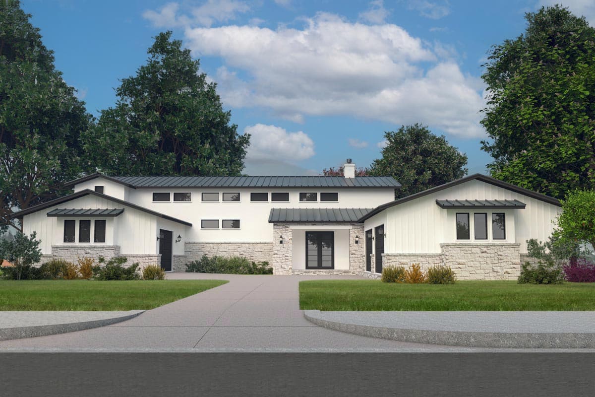 House plan exterior. Modern farmhouse style with gabled roofs, a stone accent wall, and a covered entry. Features a two-car garage.