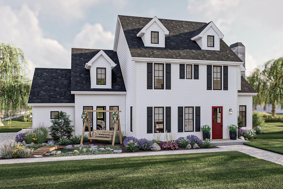 House plan exterior featuring a two-story farmhouse style with dormers, a gable roof, and a porch swing.