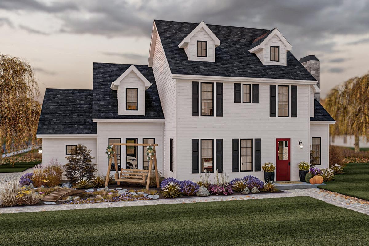 Two-story Modern Farmhouse exterior with multiple gables, dormers, black shutters, a red front door, and a wooden swing.