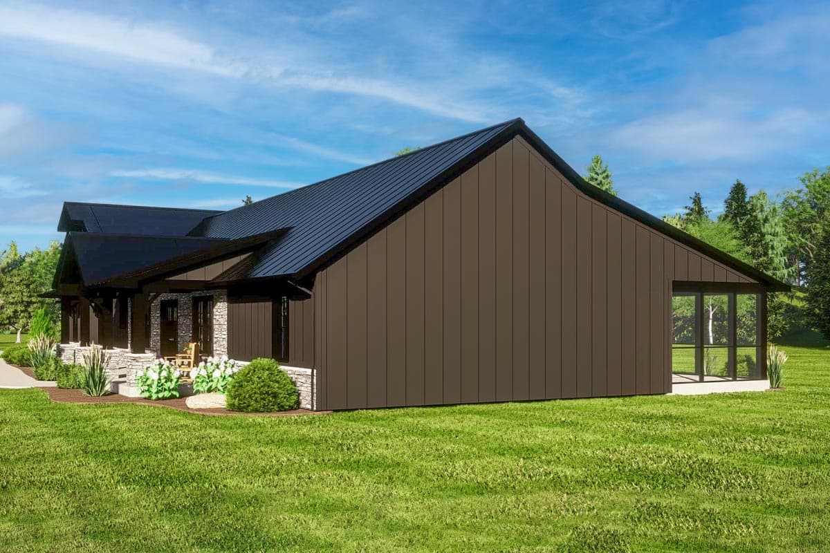 House plan exterior: Modern style, single story, with stone foundation, dark metal roof, and screened porch.