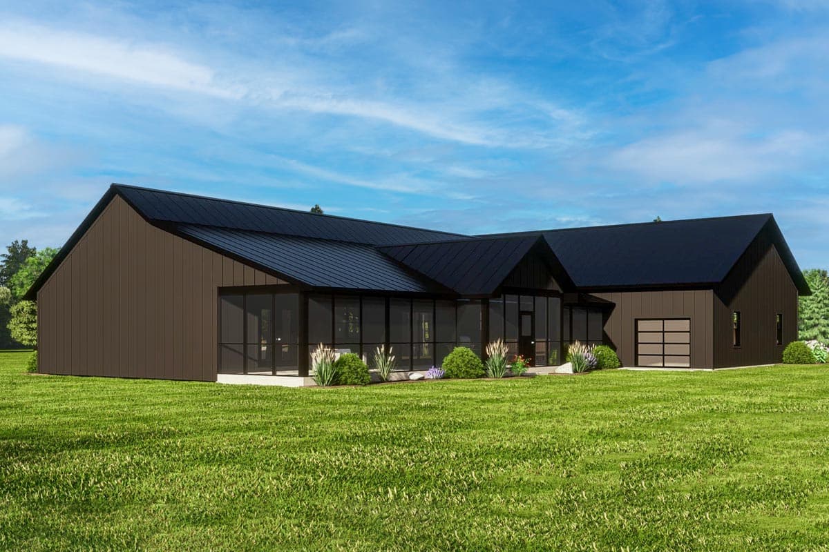 House plan exterior with a modern style, dark metal roof, vertical siding, screened porch, and a garage.