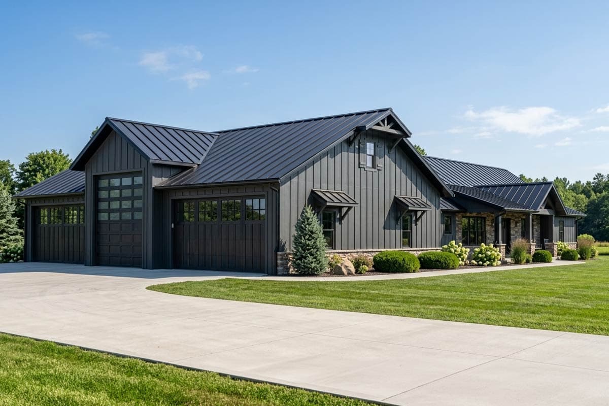 House plan exterior: Modern Farmhouse style, one story, with a metal roof, multiple garages and a covered porch.